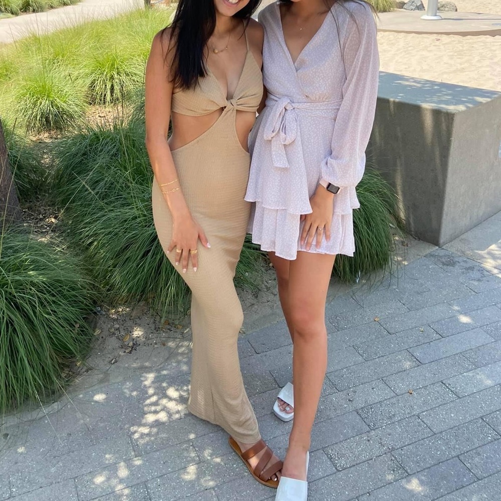 Beige Patterned Layered Wrap Around Mini Dress - image 1